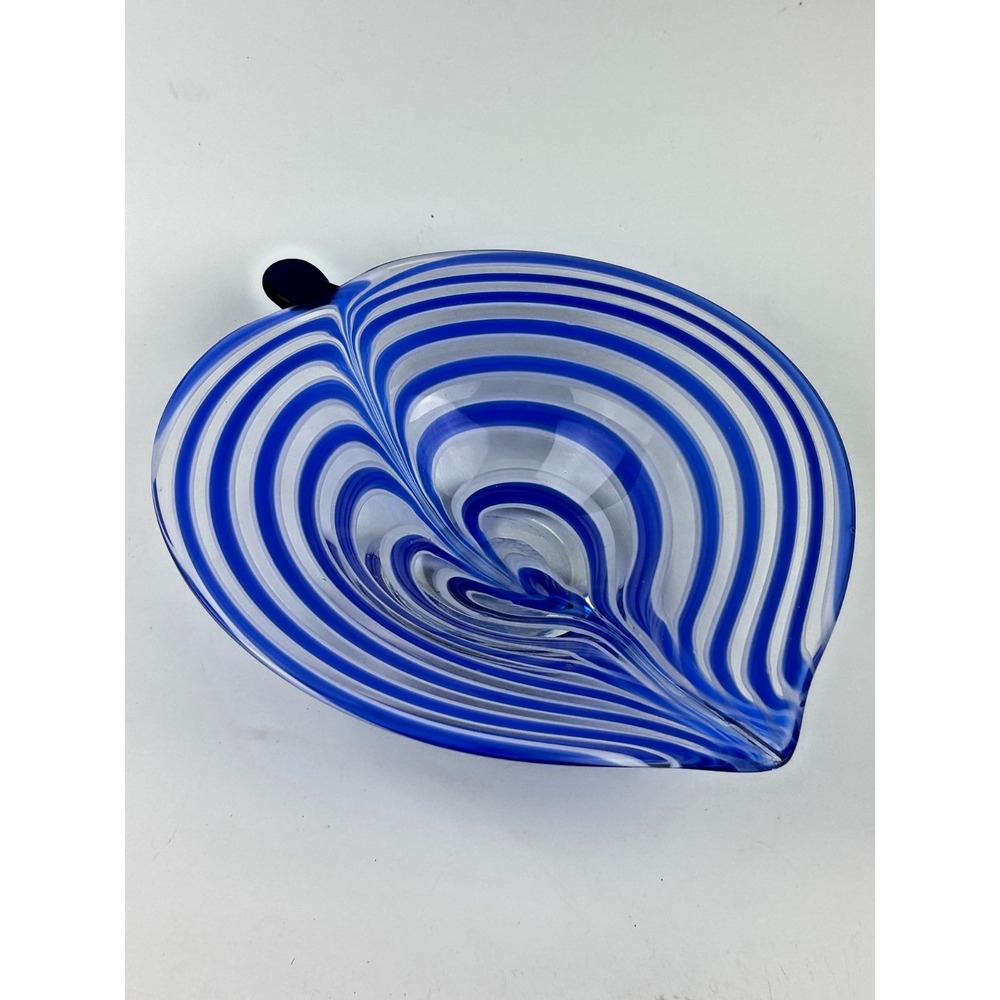 Murano Blue Striped Pulled Feather Leaf Glass Bowl 12" x 10" Heavy MCM Italy